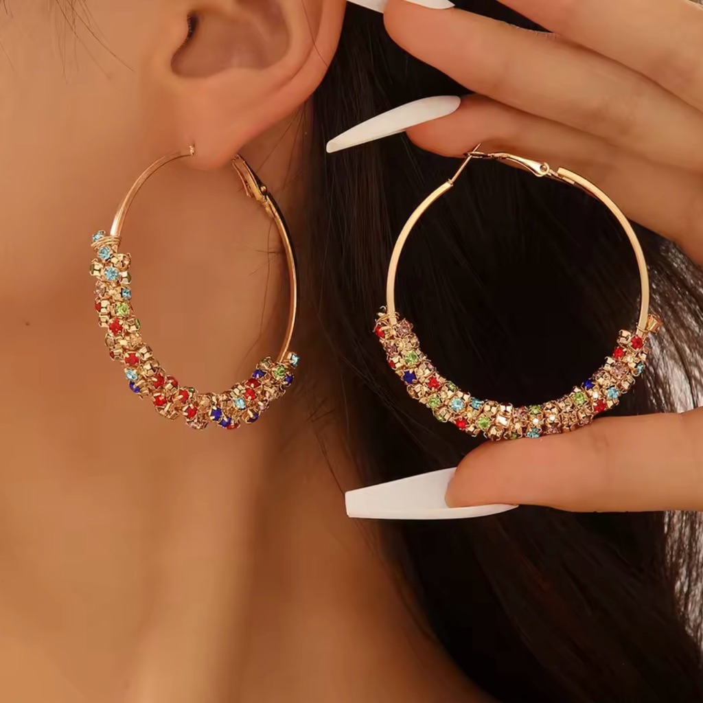 Gold Hoop Earrings With Multicolored Crystal Accents - Women Jewelry